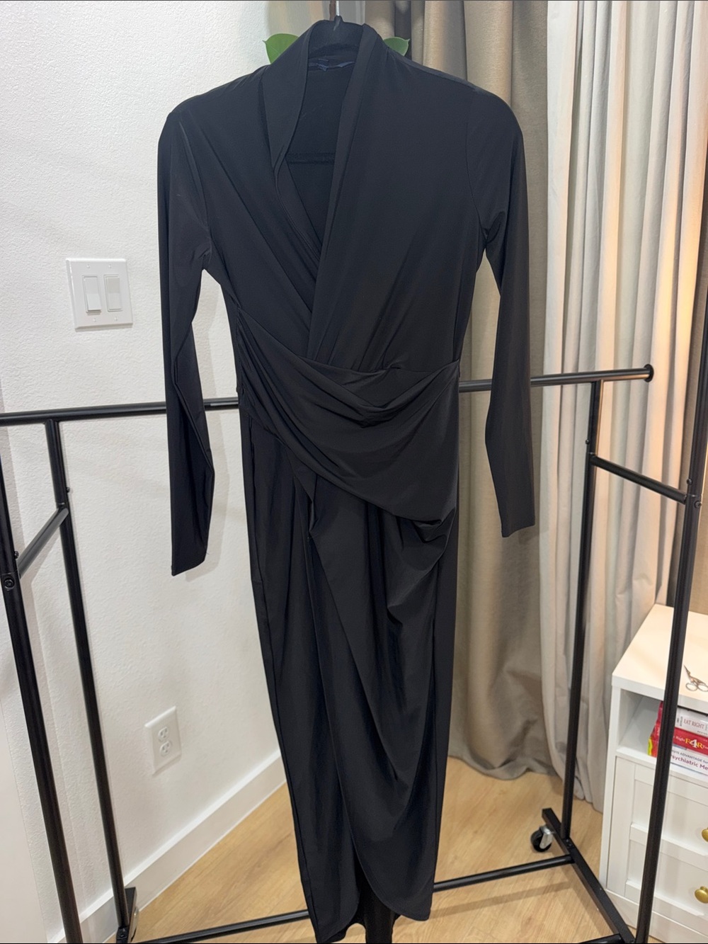 Elegant Black Draped Womenโs Dress